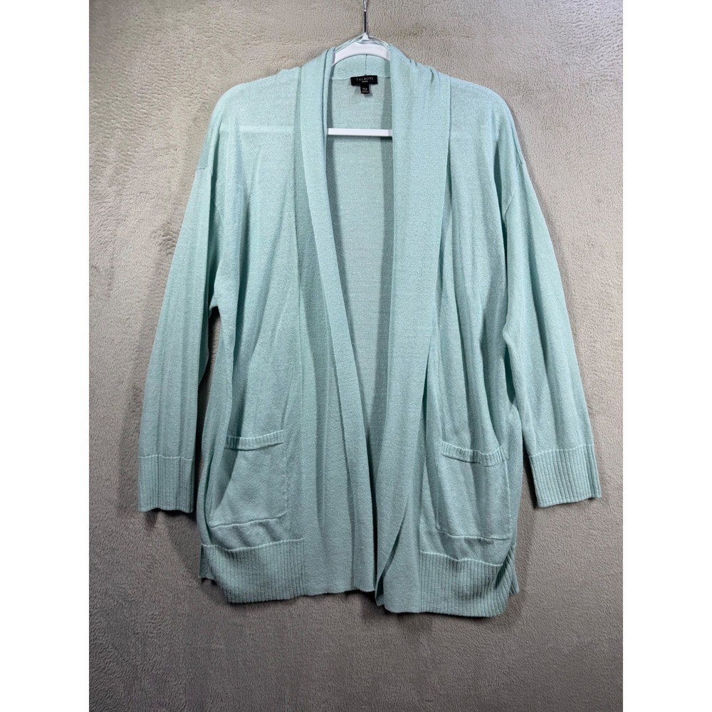 Talbots Cardigan Sweater Women XLp Aqua Linen Blend Open Front Coastal Layering